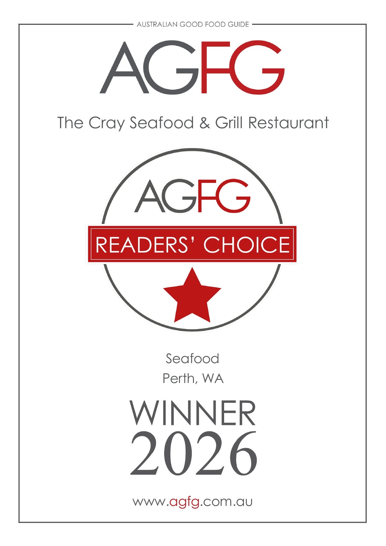 The Cray Seafood and Grill Restaurant AGFG Readers' Choice Winner 2026